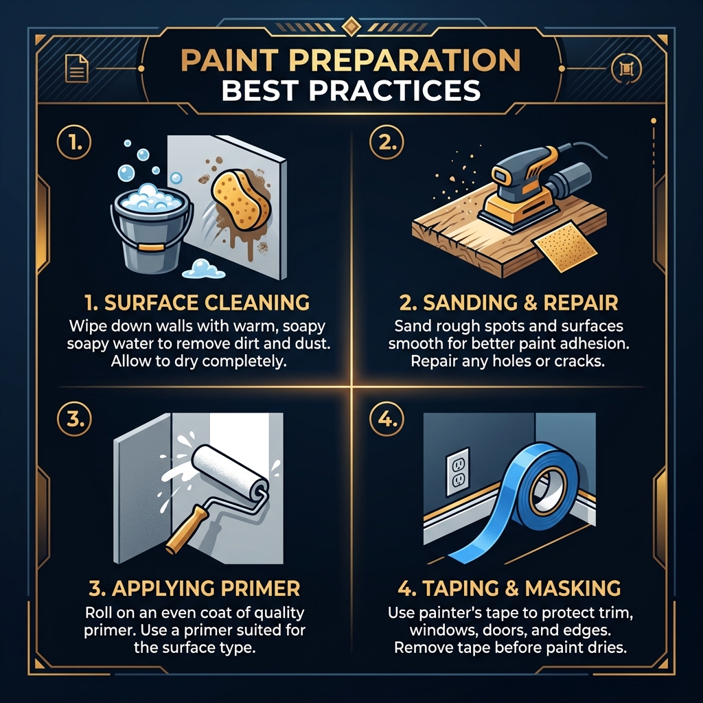 Step-by-step prep guide showing surface cleaning, patching and sanding, priming, and precision taping for maximum paint coverage