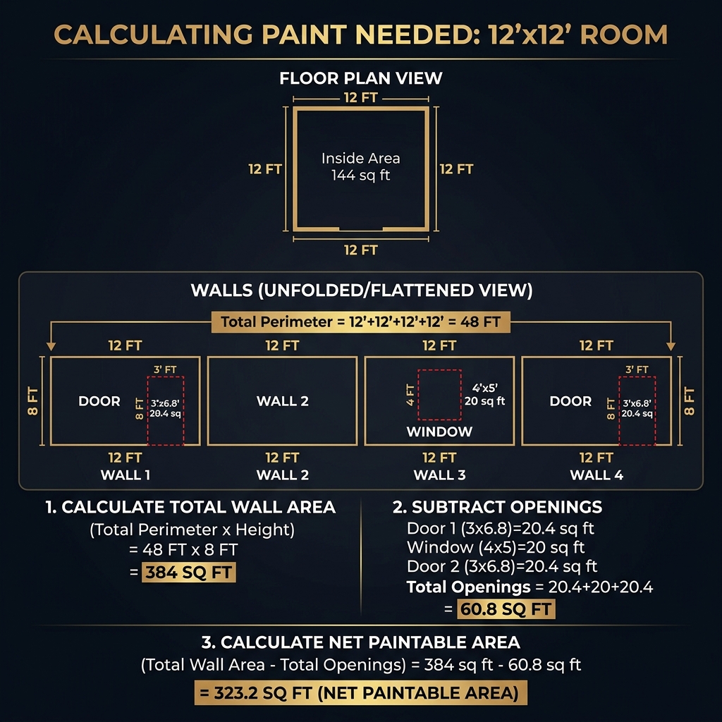 Architectural breakdown visualizer of a 12x12 room showing floor plan dimensions, unfolded wall areas, and door and window deductions