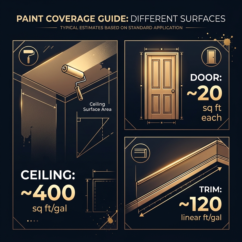 Infographic detailing paint coverage metrics for ceilings, interior doors, and baseboard trim surfaces