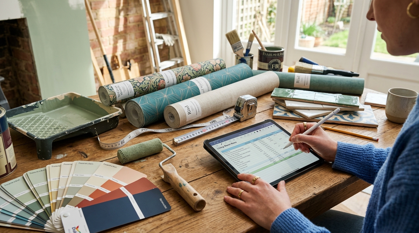 Interior designer and homeowner calculating paint gallons, wallpaper rolls, and tile quantities on a project work table
