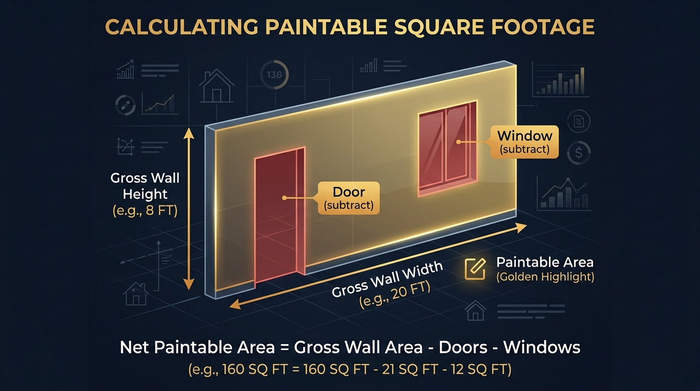 Infographic showing paintable square footage concept with wall cross-section displaying gross area, door and window deductions, and the net paintable area formula