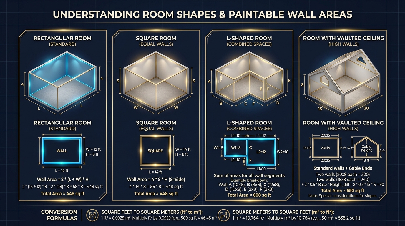 Infographic comparing paintable wall areas across four room types: rectangular, square, L-shaped, and vaulted ceiling rooms with dimensions and formulas