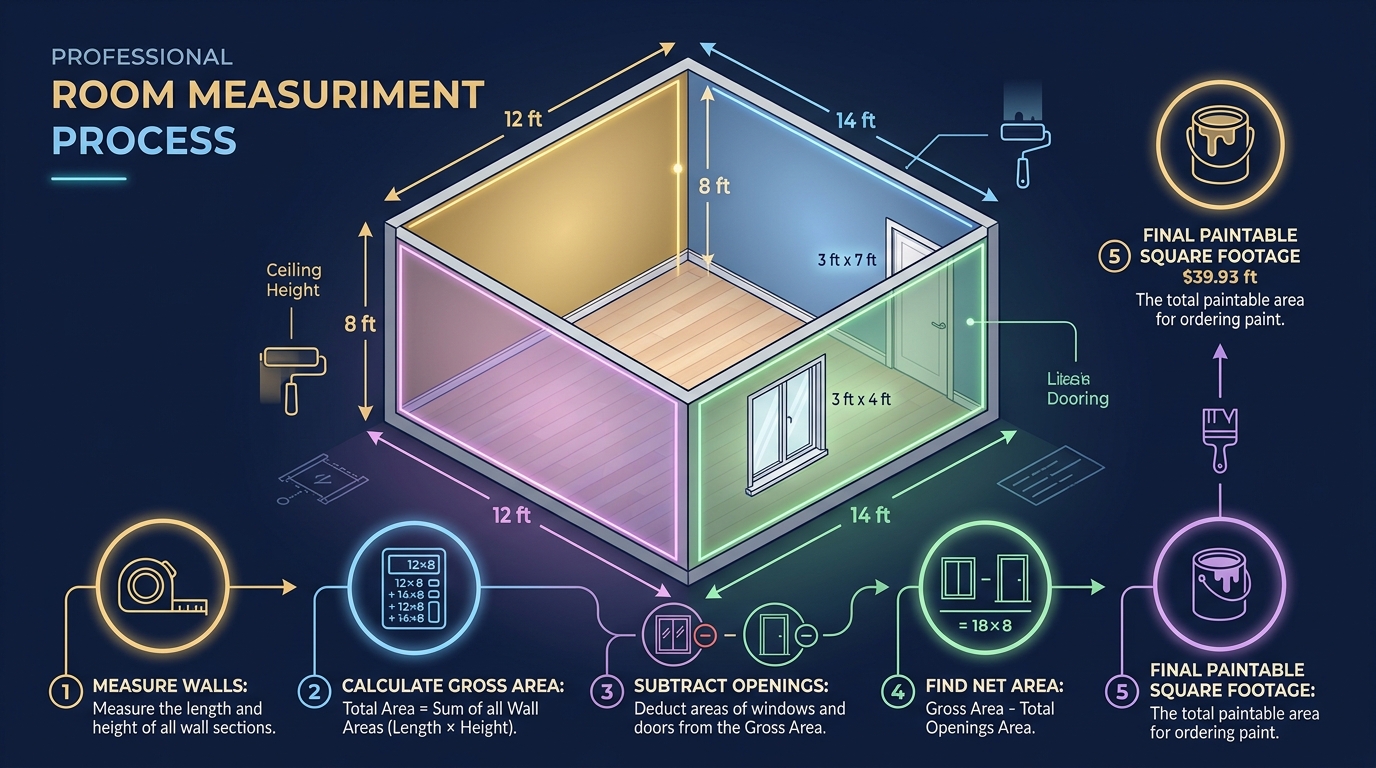 Step-by-step room measurement process infographic showing isometric 3D room with labeled wall dimensions, numbered steps from measuring walls through finding final paintable square footage