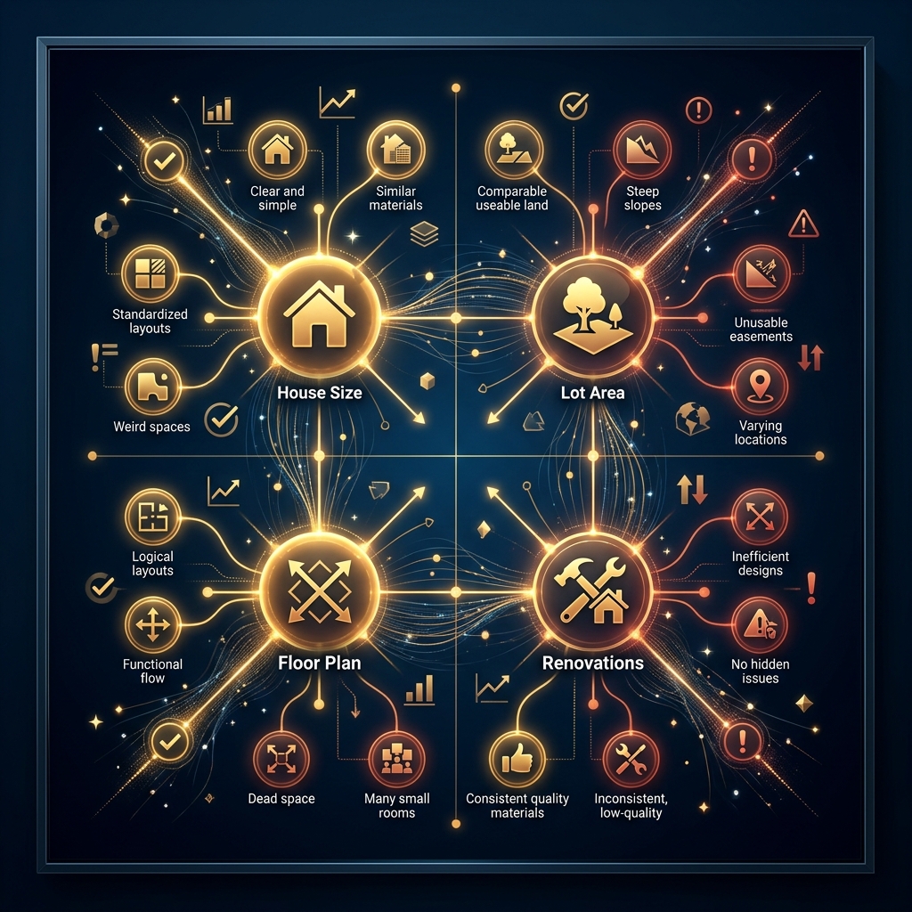Infographic matrix comparing when price per square foot is reliable versus misleading based on property condition and layout