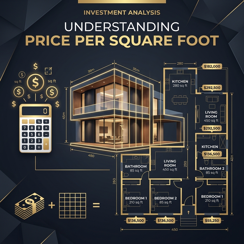 House floor plan drawing with measurement lines and dollar cost indicators for price per square foot