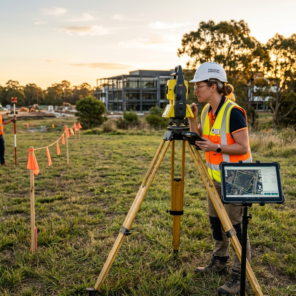 Professional land surveyor using a total station instrument to measure an irregular commercial property boundary