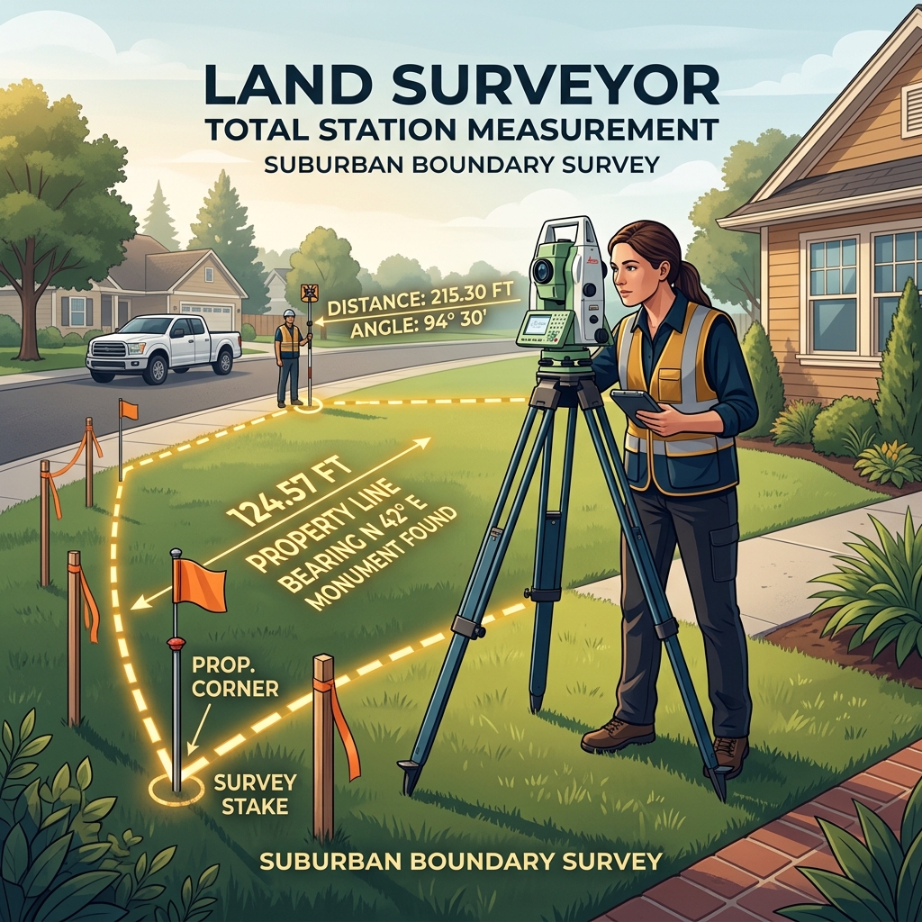 Licensed land surveyor using a total station instrument on a tripod to measure property boundaries with survey markers visible