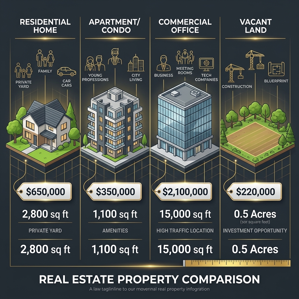 Comparison of four property types showing residential home, apartment condo, commercial office, and vacant land with price per square foot measurement overlays