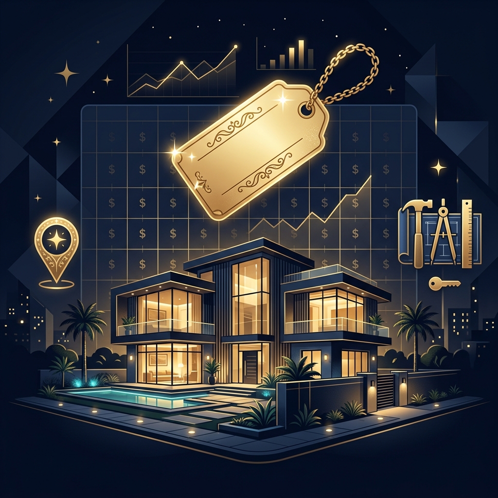 Modern house illustration with golden square foot measurement grid and property valuation markers