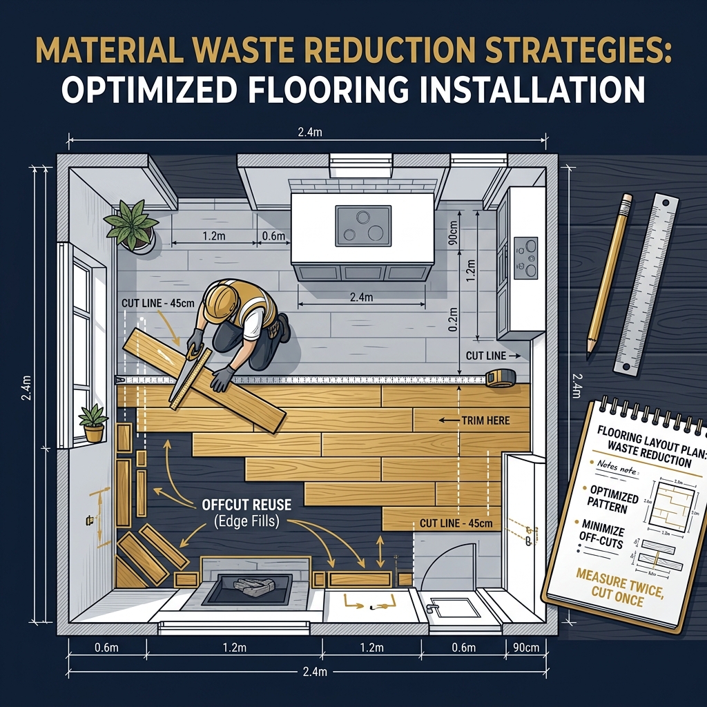 Floor plan layout showing optimized material cutting patterns to reduce waste in construction projects