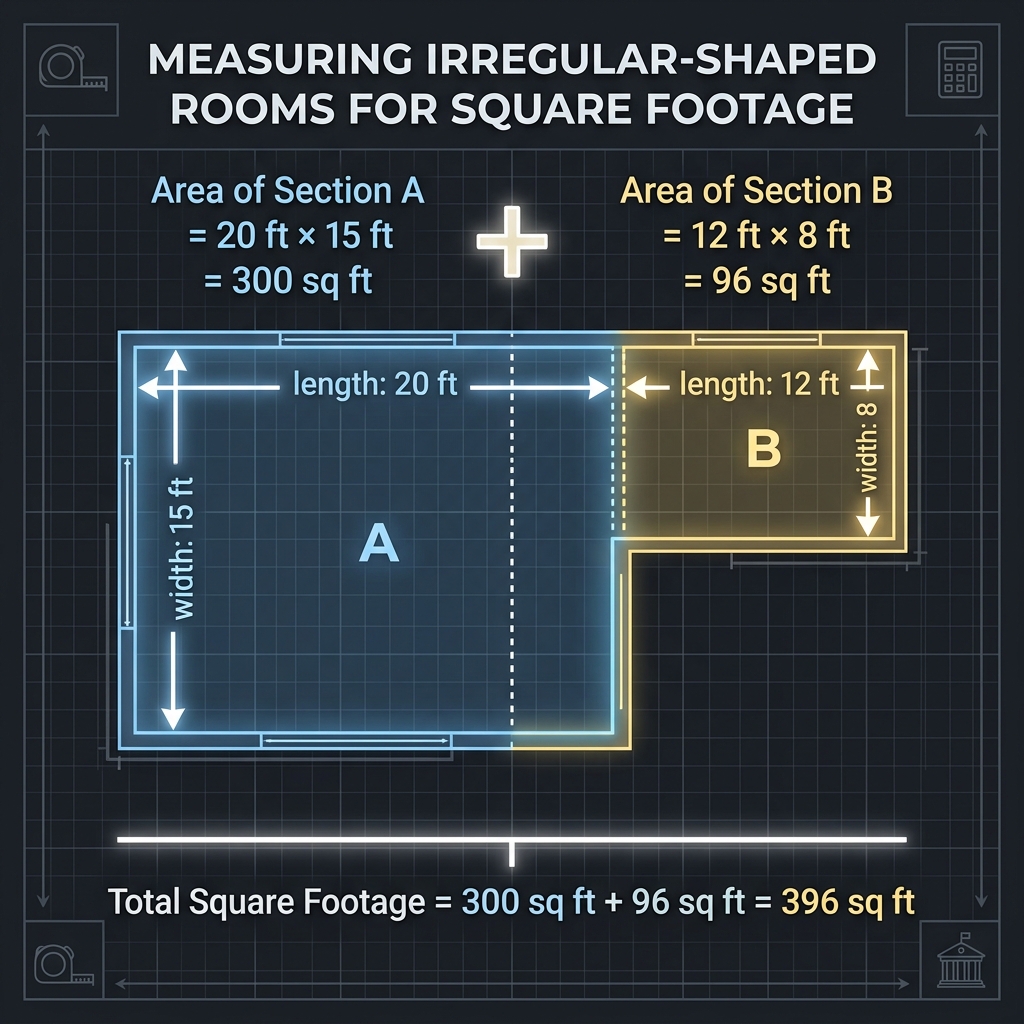 L-shaped room floor plan divided into two rectangular sections with dimension labels showing the decomposition method for area calculation