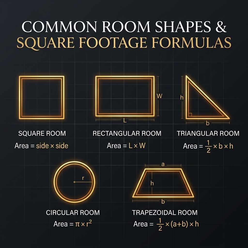 Five common room shapes with their area formulas: square, rectangle, triangle, circle, and trapezoid outlined in gold on dark background