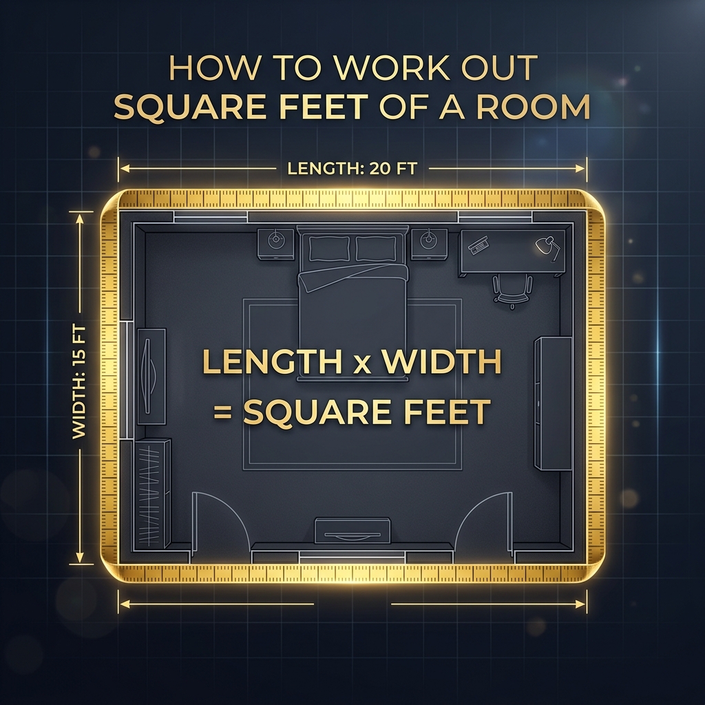 Top-down architectural floor plan of a rectangular room showing length and width measurement lines with the square footage formula overlay