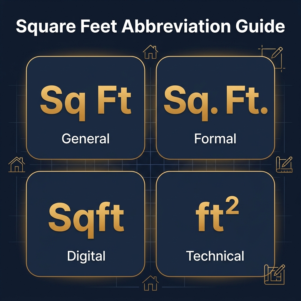 Infographic displaying common square feet abbreviations including sq ft, sq. ft., sqft, and ft²