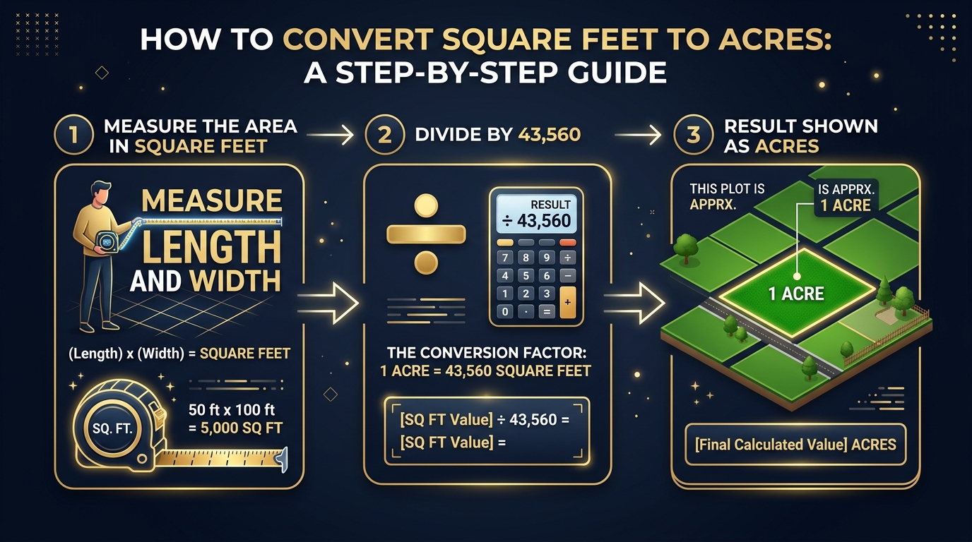 Step-by-step guide showing how to convert square feet to acres: measure area, divide by 43,560, get result in acres