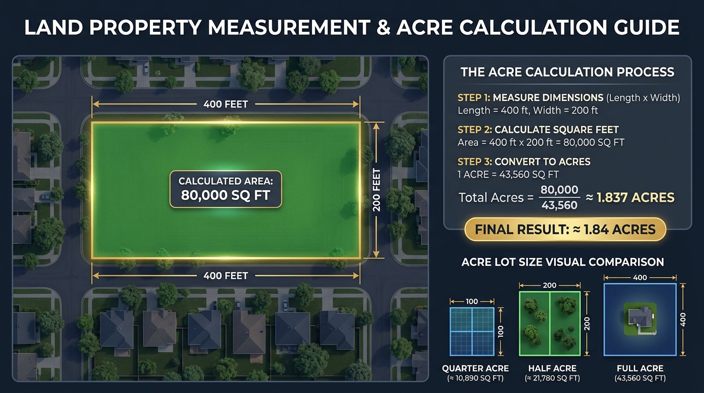 Land property measurement diagram showing aerial view of a rectangular lot with dimensions, calculation steps, and acre lot size visual comparison