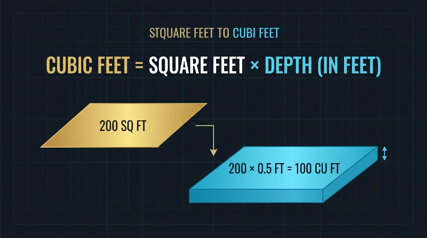 Diagram showing the formula for converting square feet to cubic feet by multiplying area by depth, with a visual example of 200 square feet at 0.5 feet depth equaling 100 cubic feet