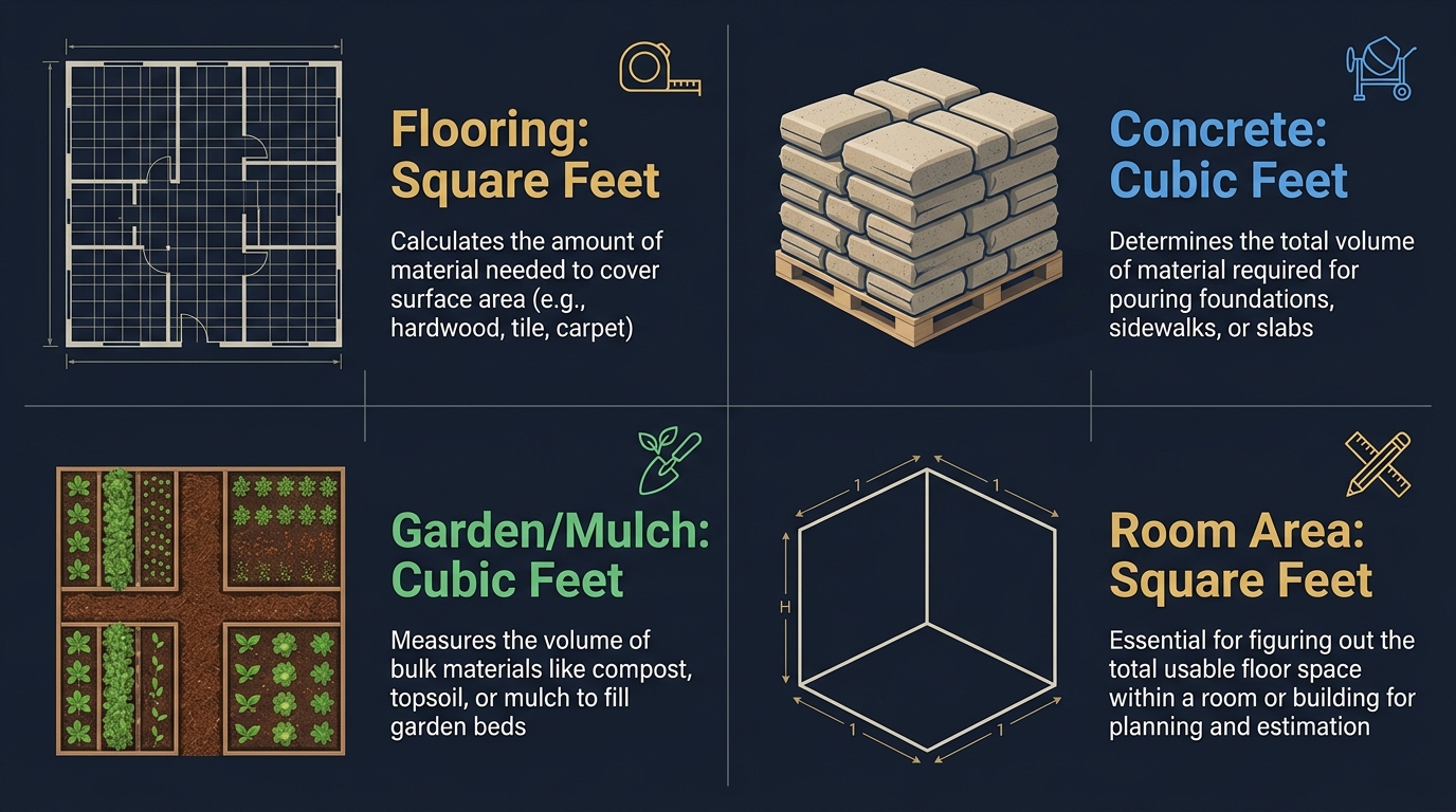 Four-quadrant infographic showing real-world uses of square feet and cubic feet: flooring, concrete, garden mulch, and room area measurement