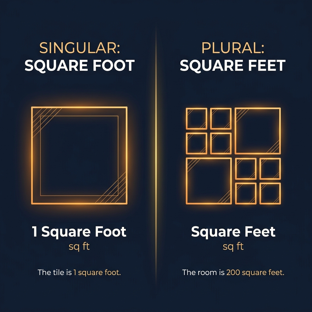 Visual comparison of square foot singular versus square feet plural usage with examples