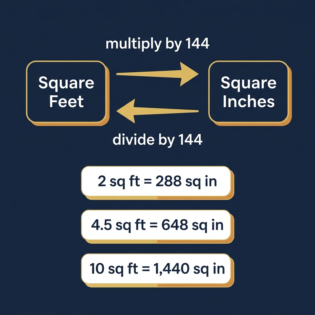 Conversion flowchart showing how to convert between square feet and square inches by multiplying or dividing by 144