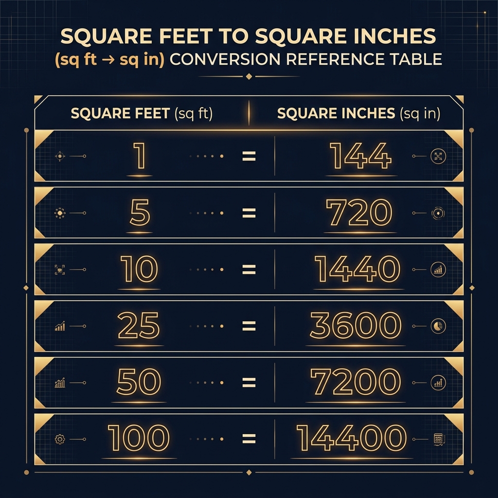 Visual conversion reference chart showing square feet to square inches values for common measurements