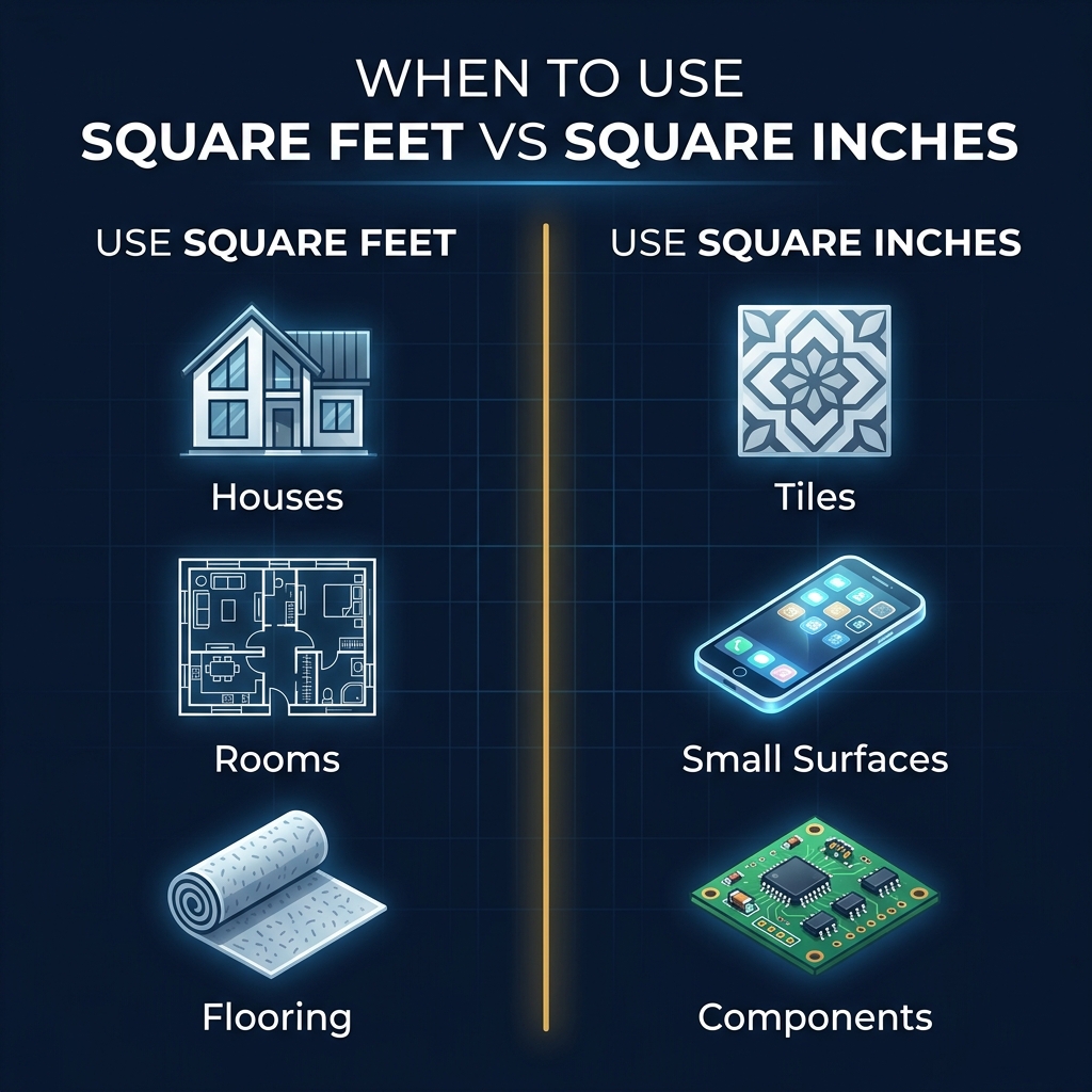 Infographic showing when to use square feet versus square inches with examples for rooms, houses, tiles, and small surfaces