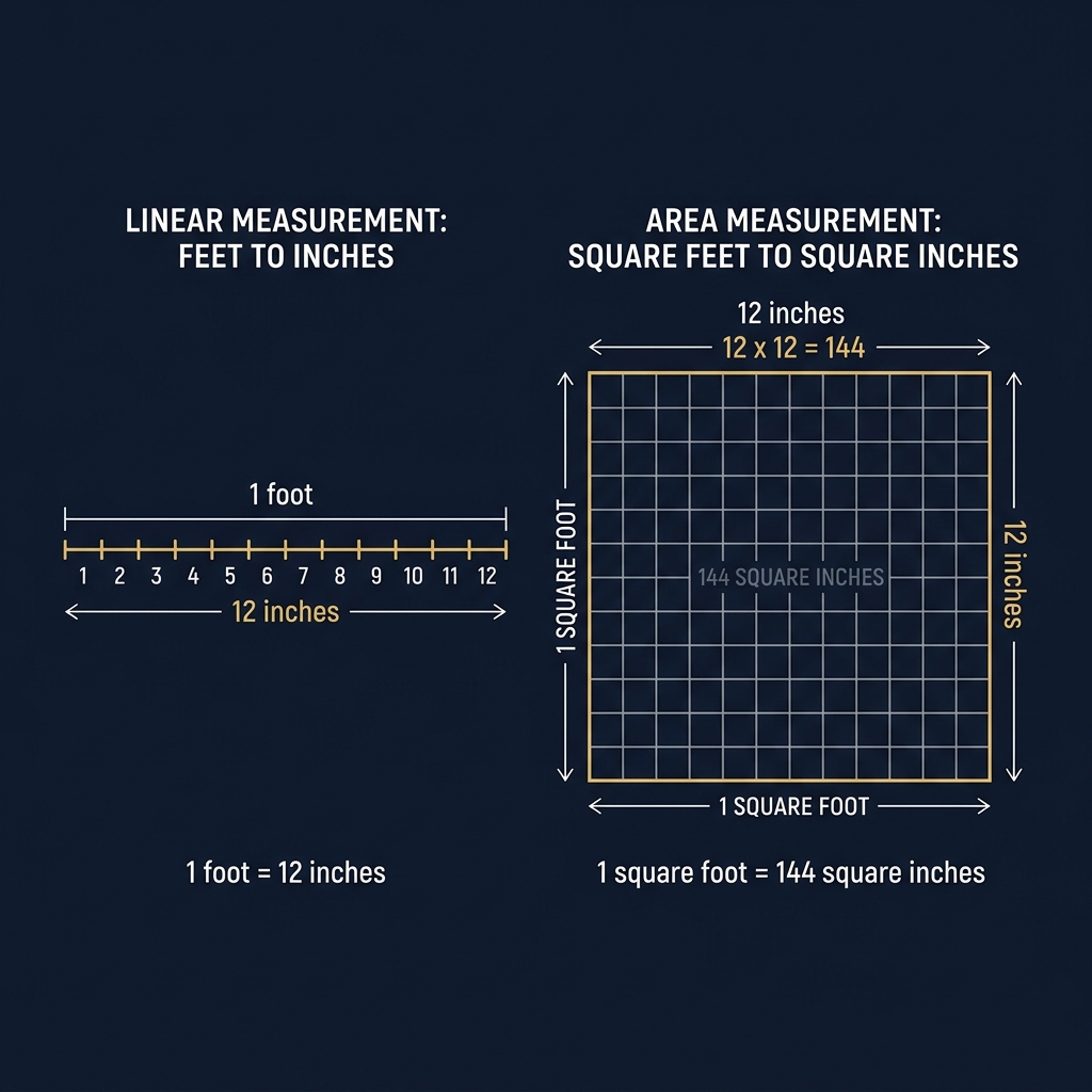 Diagram comparing linear feet to inches versus area square feet to square inches with grid visualization