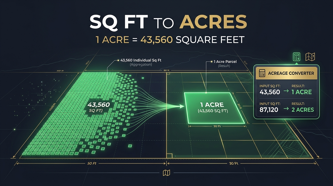 Infographic showing square feet to acres conversion with 43,560 square feet equaling 1 acre and an acreage converter interface