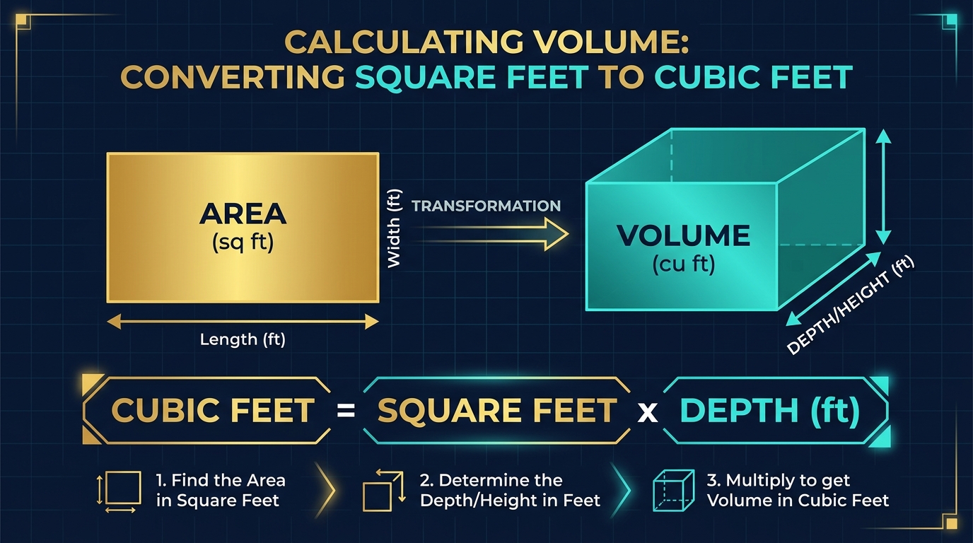 Educational infographic showing the formula for converting square feet to cubic feet by multiplying area by depth, with a visual transformation from a flat golden rectangle to a 3D teal box