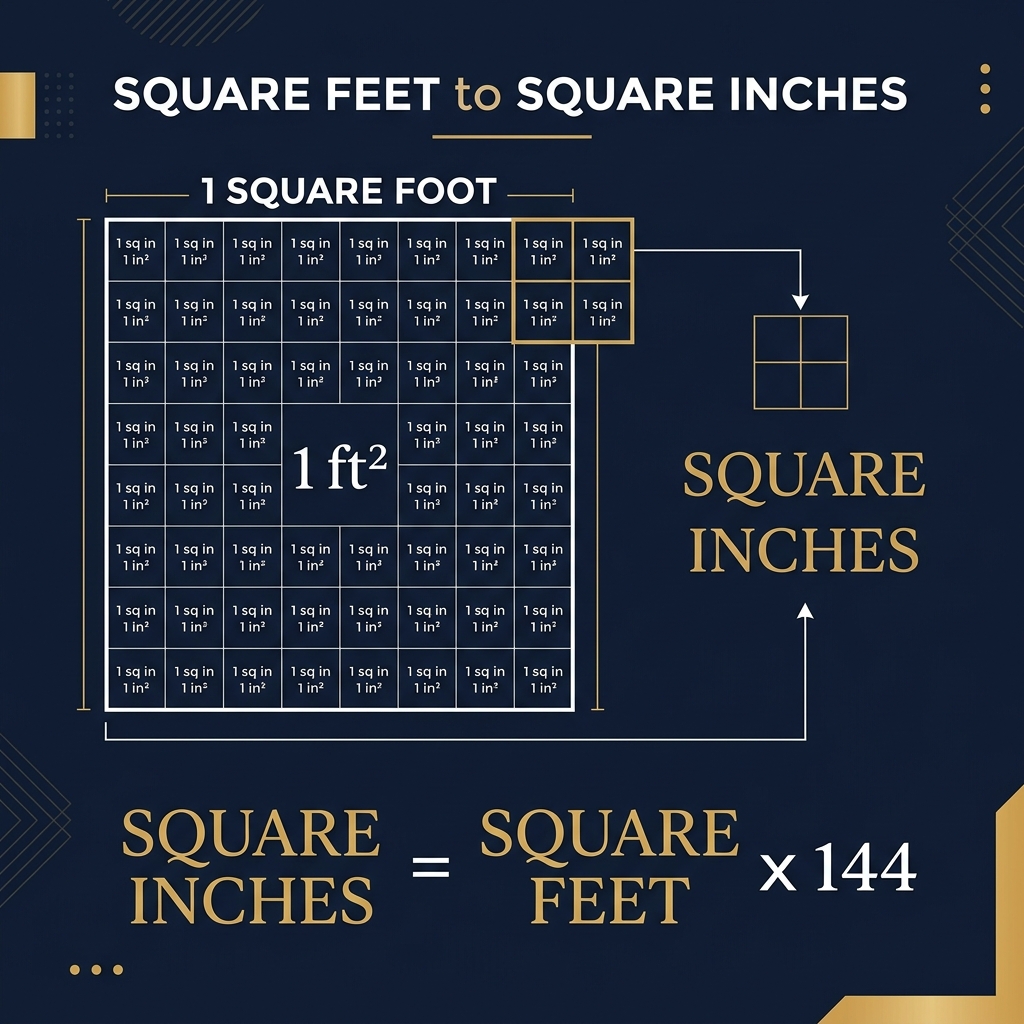 Illustration showing 1 square foot divided into 144 individual 1-inch squares with conversion formula
