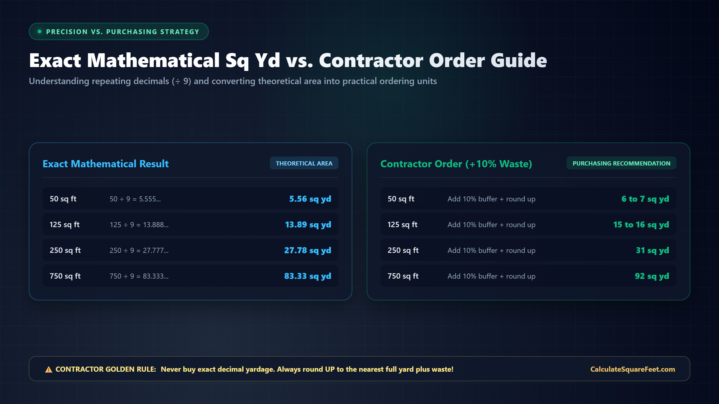 Comparison chart between exact mathematical square yard calculations and practical contractor ordering quantities with waste factor
