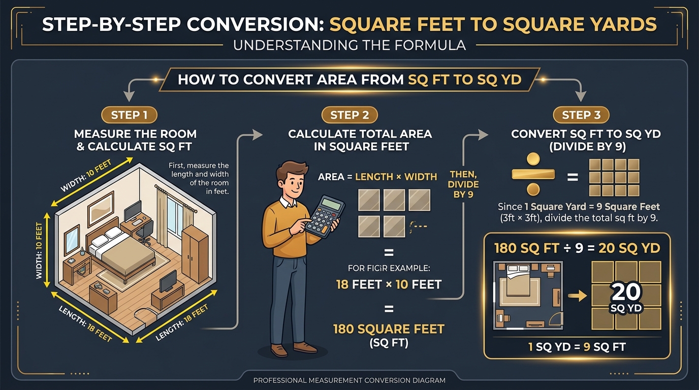 Step-by-step infographic showing how to convert square feet to square yards by measuring the room, calculating total area, and dividing by 9