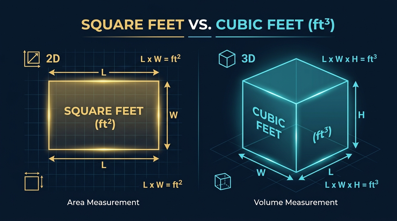 Educational infographic comparing square feet (2D area) to cubic feet (3D volume) with dimension labels and formulas on dark background