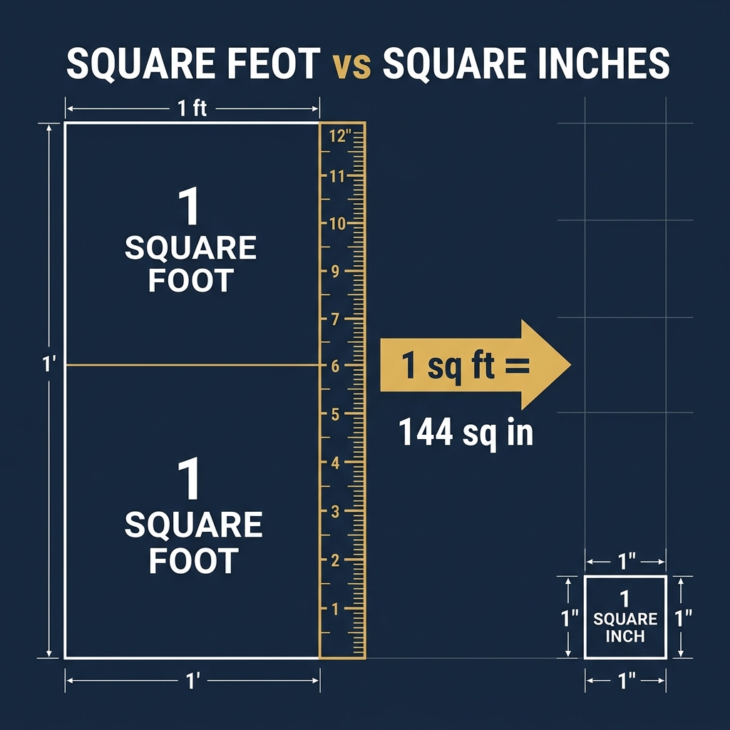 Visual scale comparing square feet and square inches units showing 144 square inch conversion grid
