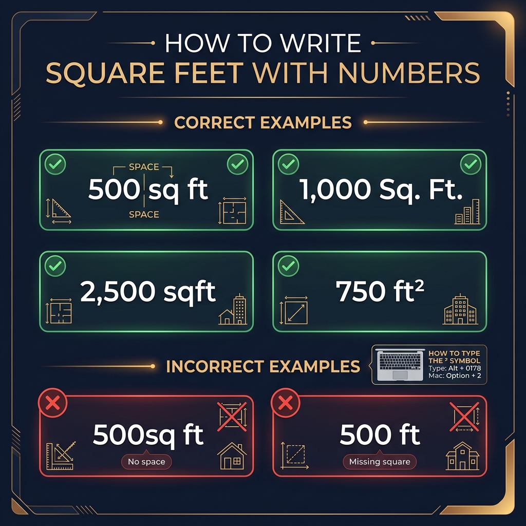 Guide showing correct and incorrect ways to write square feet measurements with numbers including proper spacing and formatting