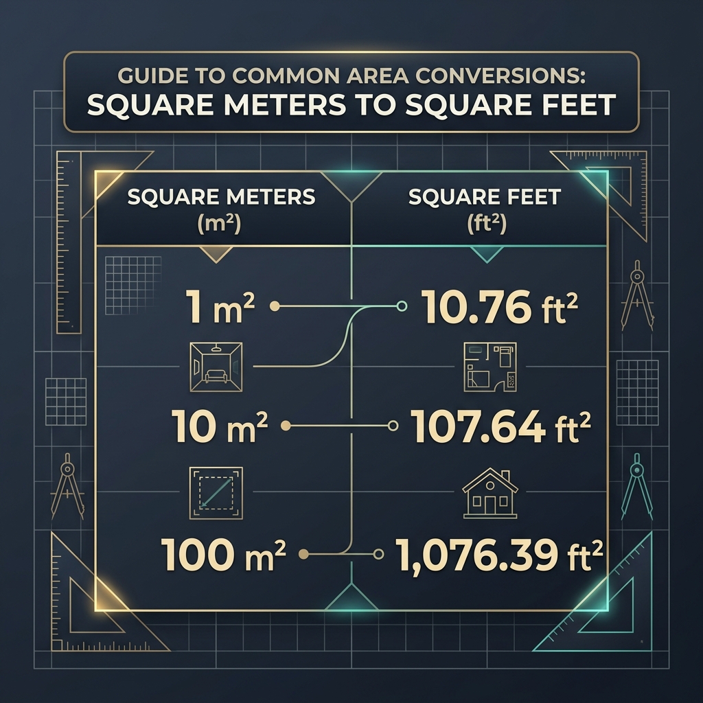 Infographic showing common square meters to square feet conversion values with measurement grid overlay