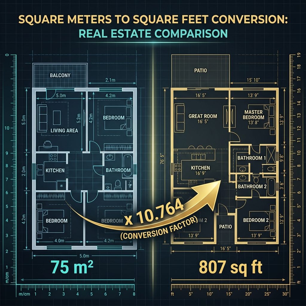 Conversion diagram showing European apartment in square meters connected to American house in square feet with conversion factor