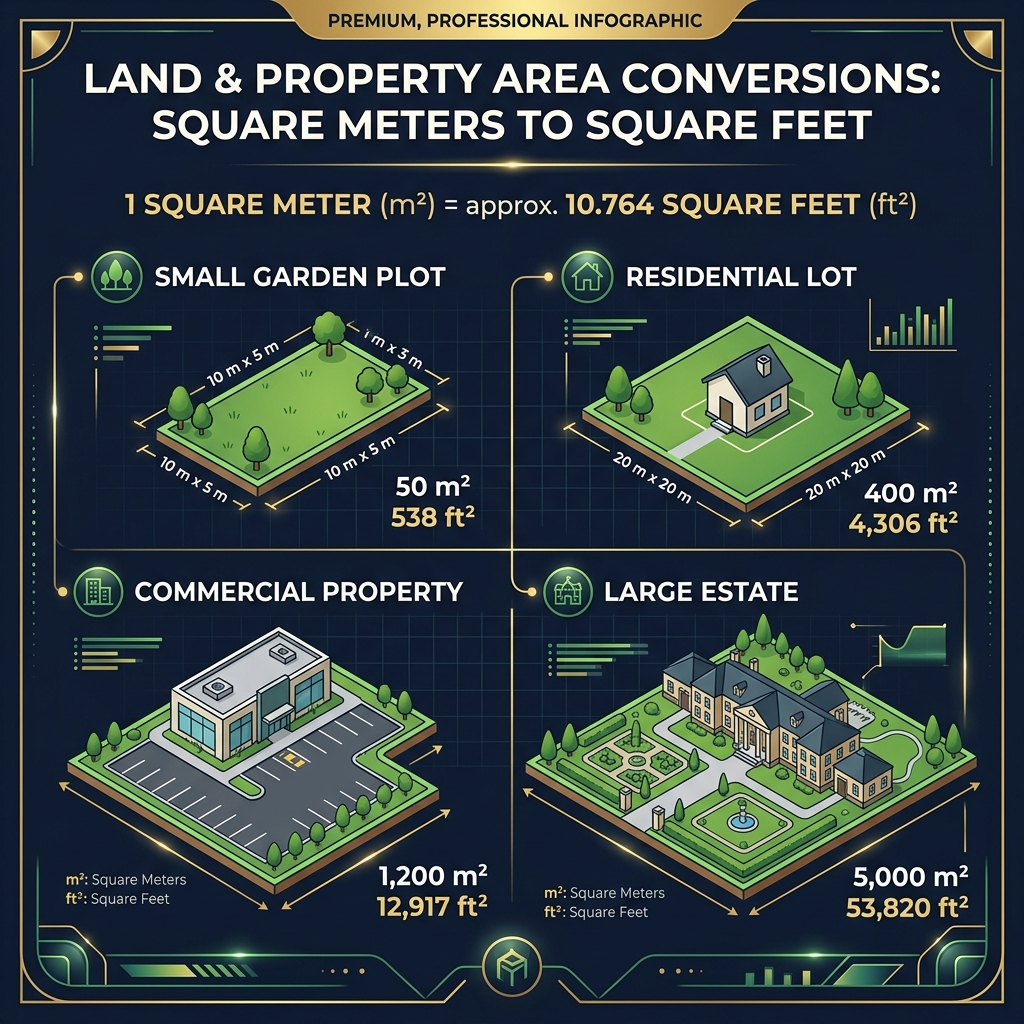 Bird eye view of different land plot sizes showing square meter and square foot area labels for residential and commercial properties