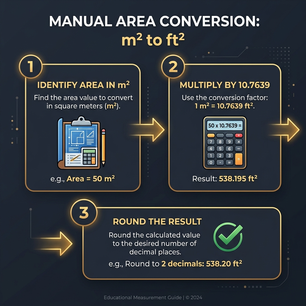 Infographic showing step 1, step 2, and step 3 of manual area conversion with calculator graphic