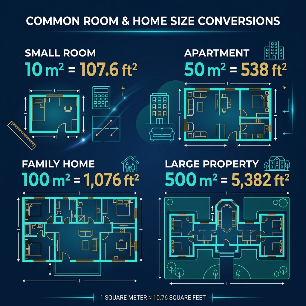 Floor plan comparison showing common room sizes in both square meters and square feet with measurement labels