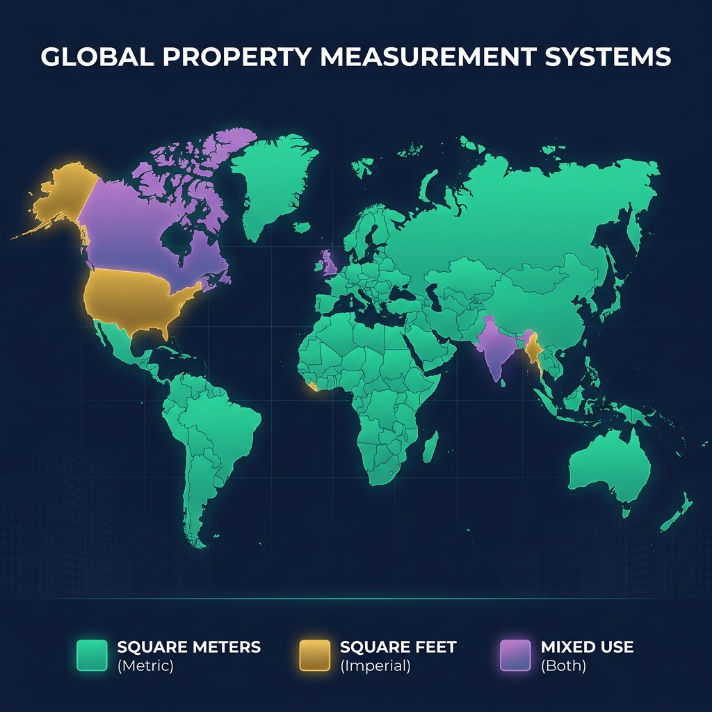 World map showing countries using square meters in green, square feet in gold, and mixed usage countries in purple