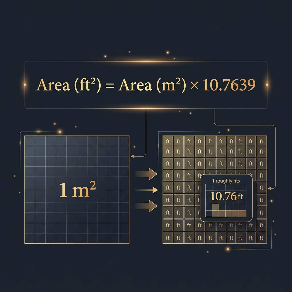 Mathematical formula converting square meters to square feet displayed with geometric grid overlay