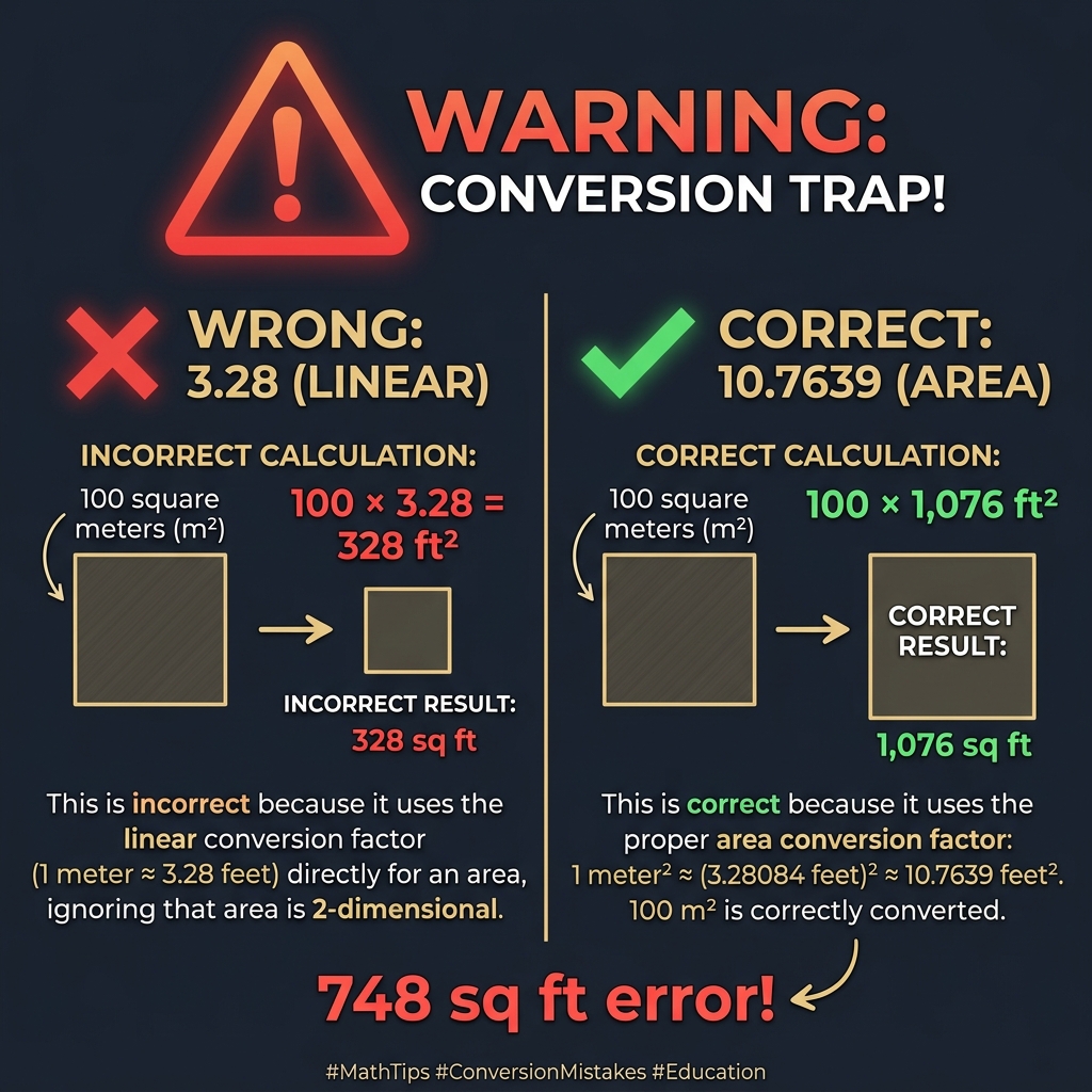 Warning sign graphic highlighting the difference between linear conversion 3.28 and area conversion 10.76