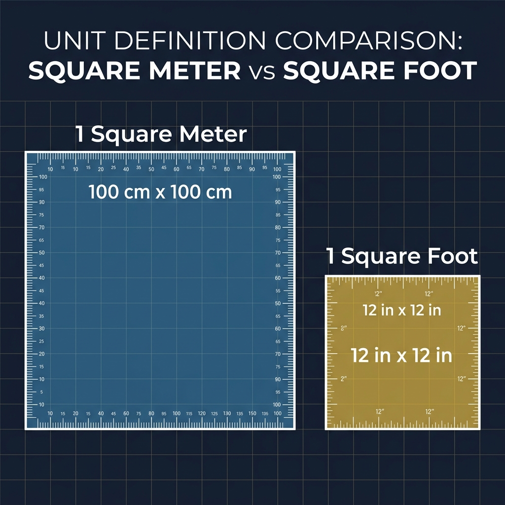 Educational infographic comparing 1 square meter and 1 square foot side by side with dimension labels