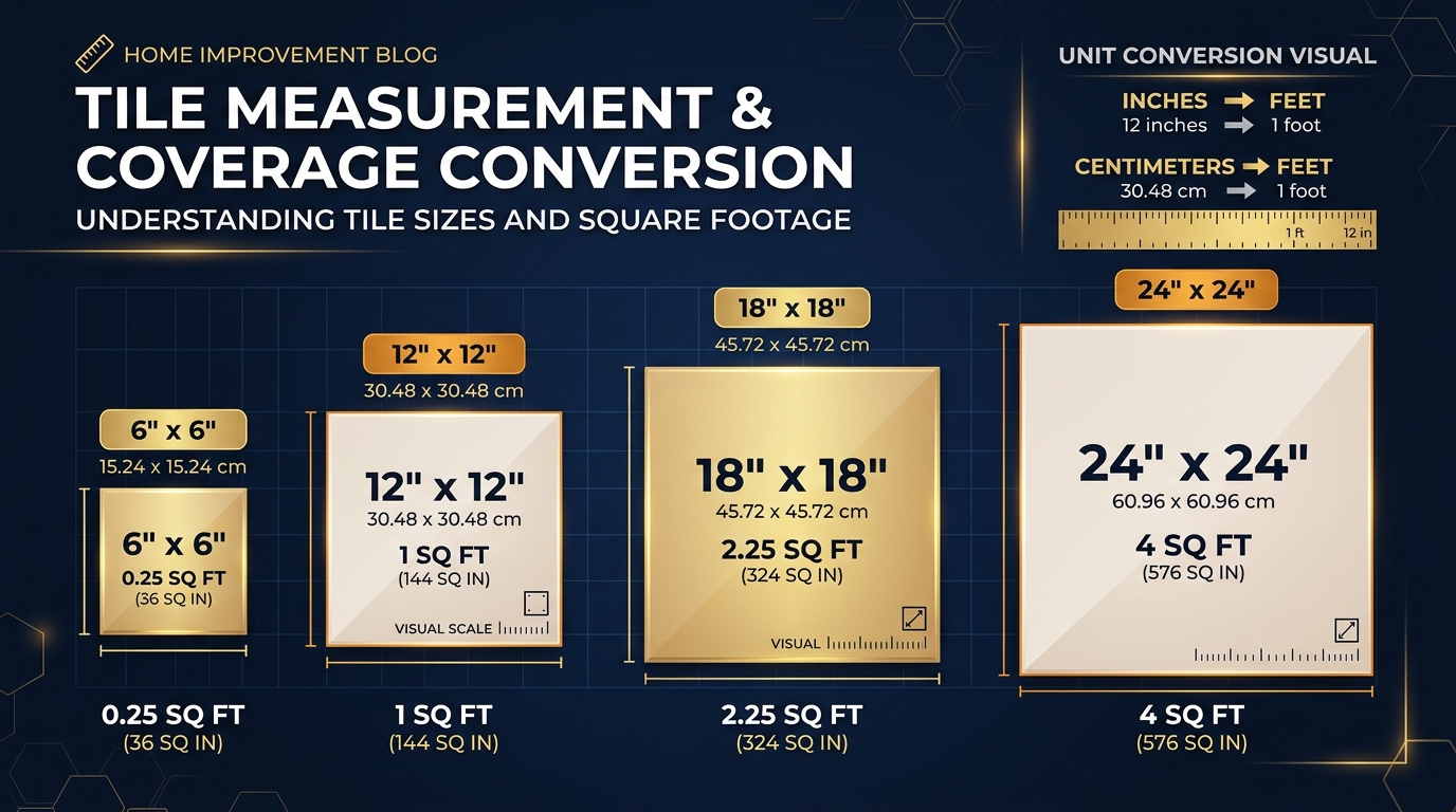 Tile measurement and coverage conversion chart showing four tile sizes from 6x6 inch to 24x24 inch with their square footage coverage and unit conversion formulas for inches to feet and centimeters to feet