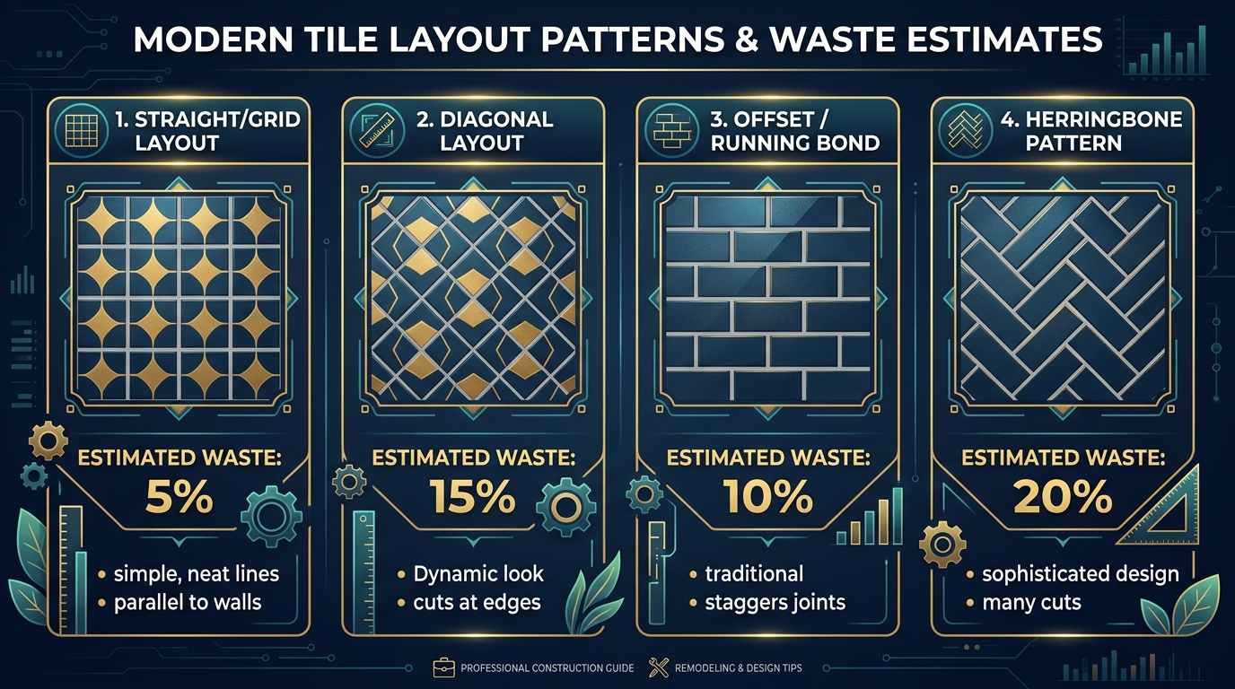 Four tile layout patterns compared side by side showing straight grid at 5 percent waste, diagonal at 15 percent waste, offset running bond at 10 percent waste, and herringbone at 20 percent waste