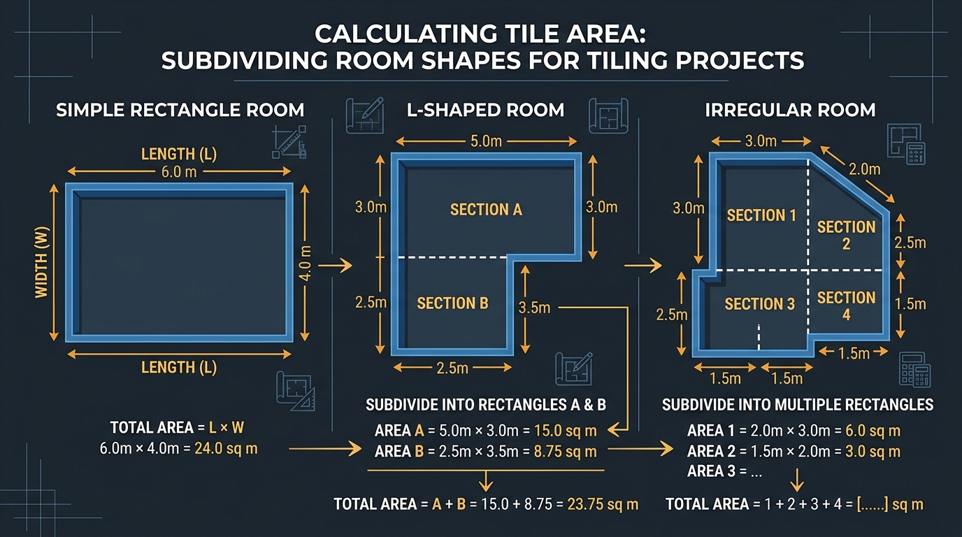 Educational infographic showing three room shapes for tile calculation: rectangle room, L-shaped room subdivided into sections A and B, and irregular room broken into four rectangular sections
