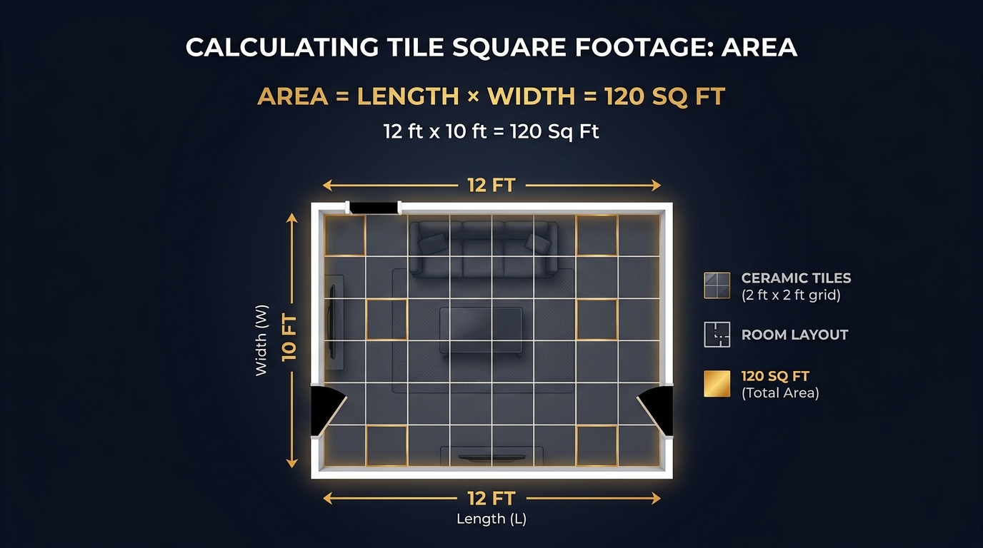 Top-down floor plan showing ceramic tile grid pattern with length and width measurement arrows and the area formula for calculating tile square footage