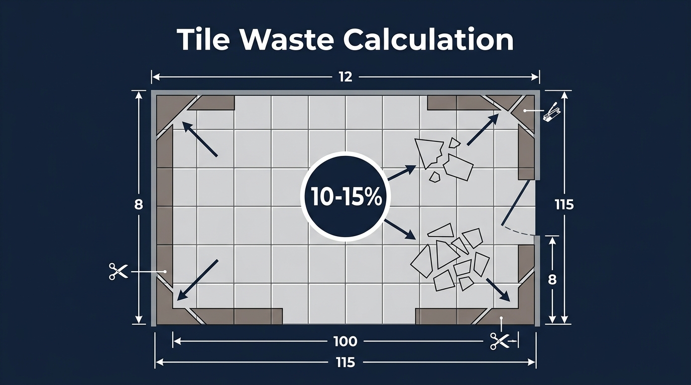 Top-down view of a tiled floor plan showing 10 to 15 percent waste allowance with cut tiles along room edges and measurement dimension arrows