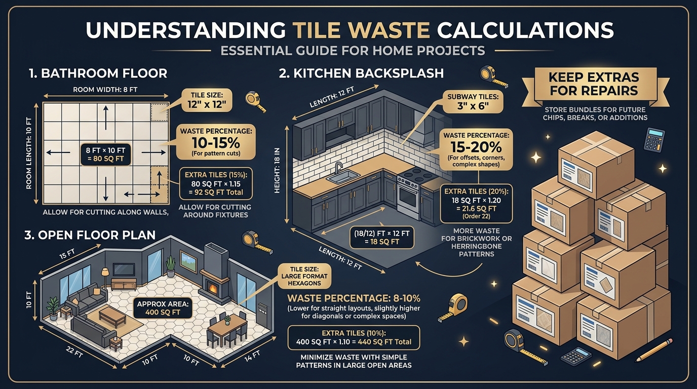 Infographic showing tile waste calculations for a bathroom floor at 10 to 15 percent, kitchen backsplash at 15 to 20 percent, and open floor plan at 8 to 10 percent with extra tile boxes for repairs